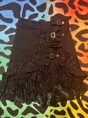 BELLE POQUE BLACK FLORAL LACE GOTHIC STEAMPUNK VICTORIAN SKIRT W/ BUCKLES SMALL